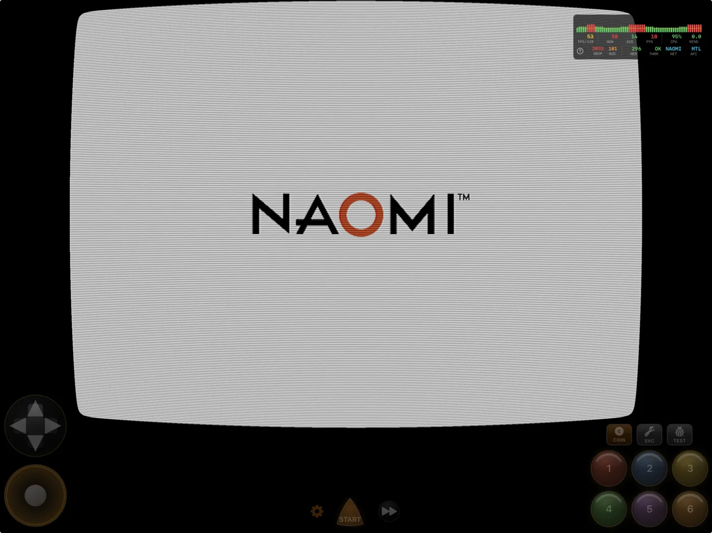 NAOMI arcade board booting under iFly on iPad, showing the NAOMI logo through a CRT-curvature shader with a performance HUD overlay and arcade-style touch controls