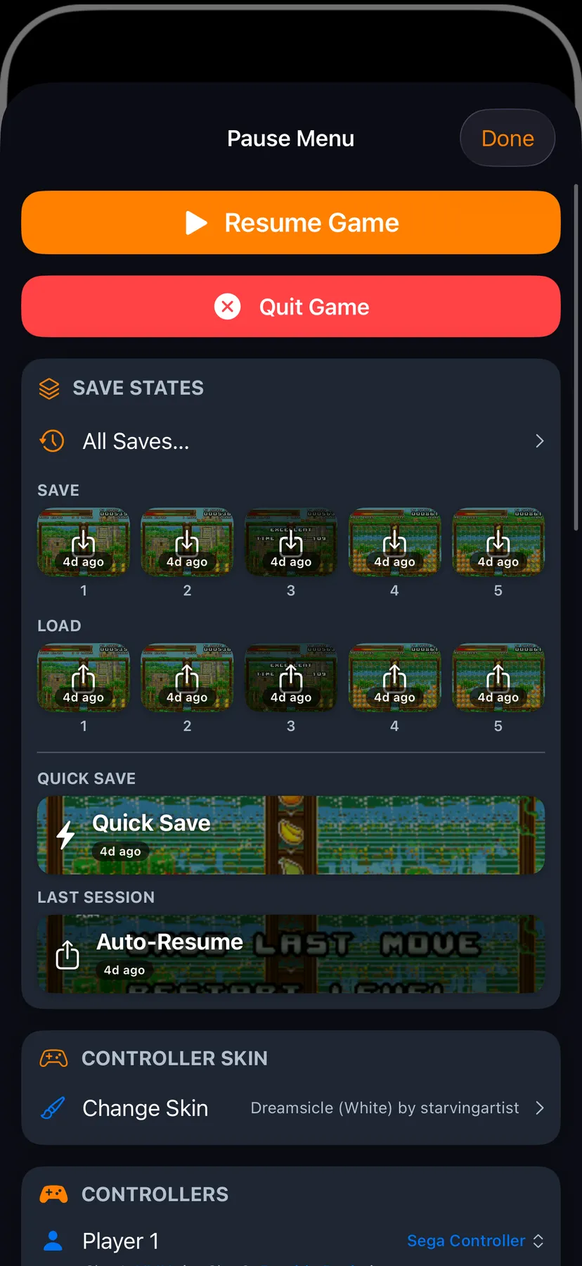 iFly iPhone – pause menu with save-state slots, quick save, and controller-skin settings