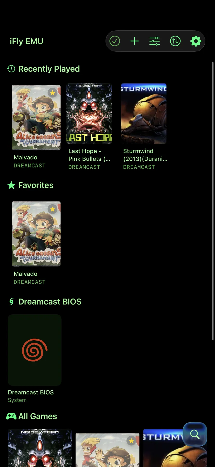 iFly iPhone – game library with green accent theming
