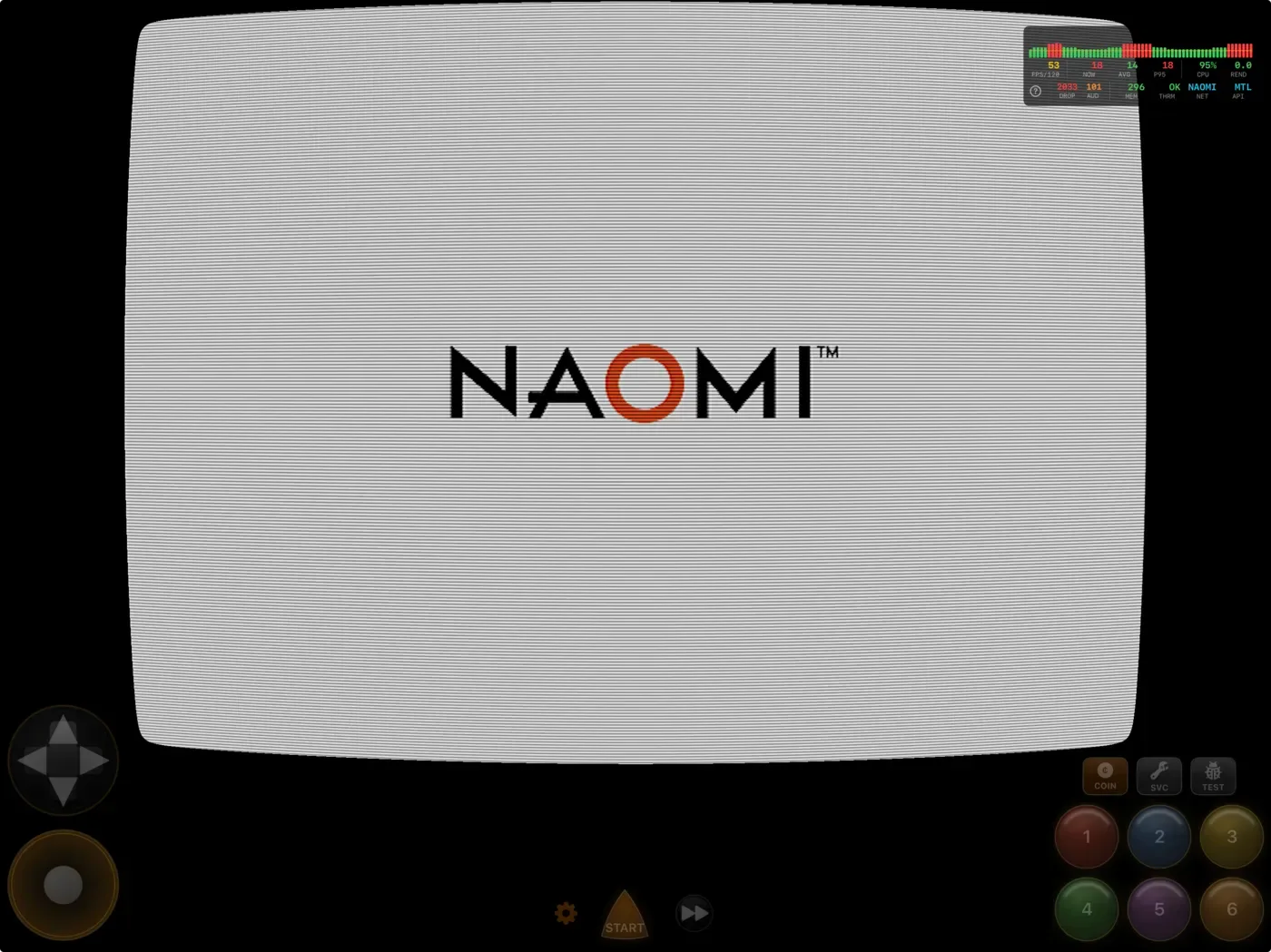 NAOMI arcade board booting under iFly on iPad, showing the NAOMI logo through a CRT-curvature shader with a performance HUD overlay and arcade-style touch controls
