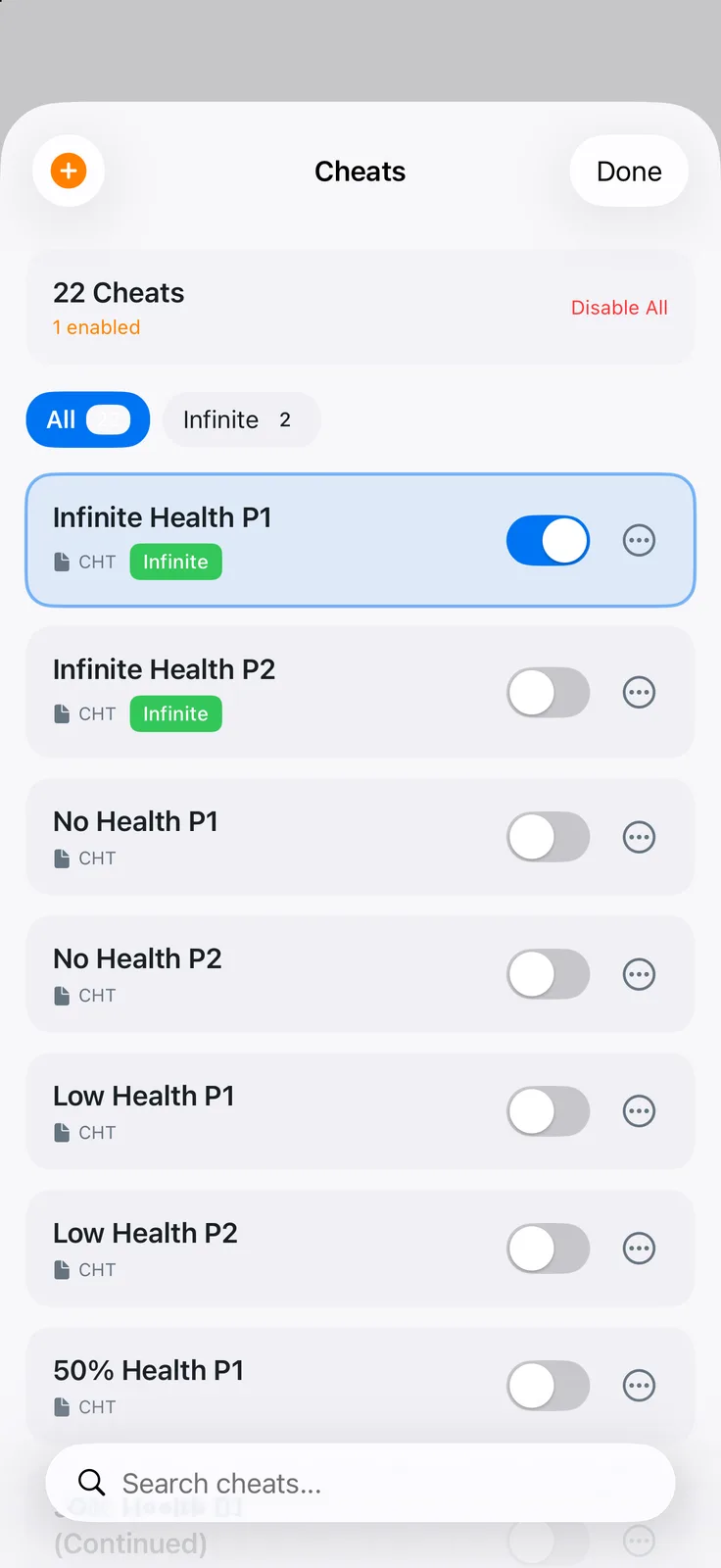 iFly iPhone – Dead or Alive 2 cheats list, 22 entries with one enabled