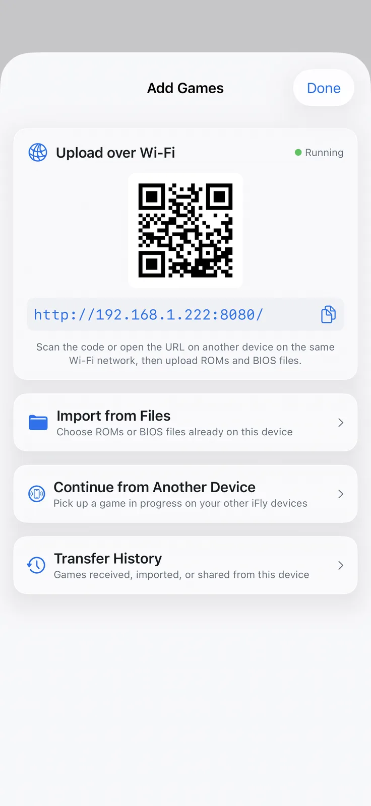 iFly iPhone – Add Games screen with QR import, Wi-Fi URL, Import from Files, Continue from Another Device, and Transfer History