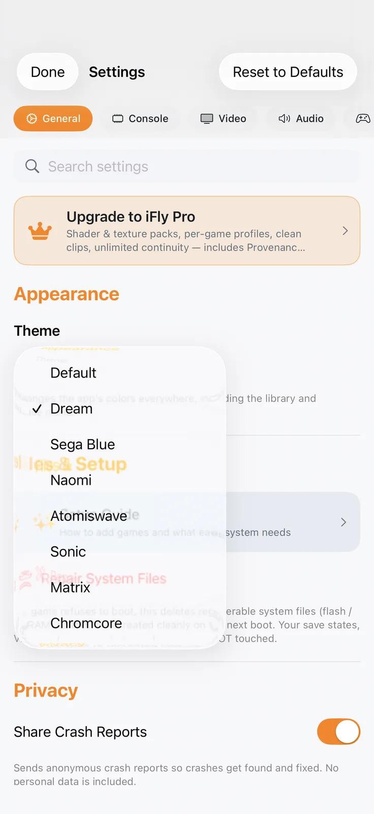 iFly iPhone – Appearance settings with the theme picker open: Default, Dream, Sega Blue, Naomi, Atomiswave, Sonic, Matrix, and Chromcore